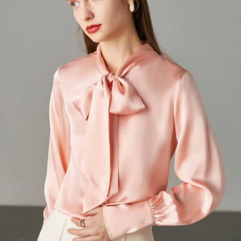 Birdtree,19MM 100%  Silk Blouse,Women Plain Satin Bow Tops,Single Breasted,French Syle Solid Shirt,2025 New T5D904JF