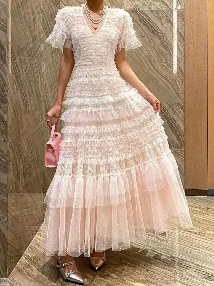 Eshin Elegant Midi Dress Short Sleeve Summer Spring New Fashion Design Women Runway Mesh Ruffles V-Neck Party High Street TH6731