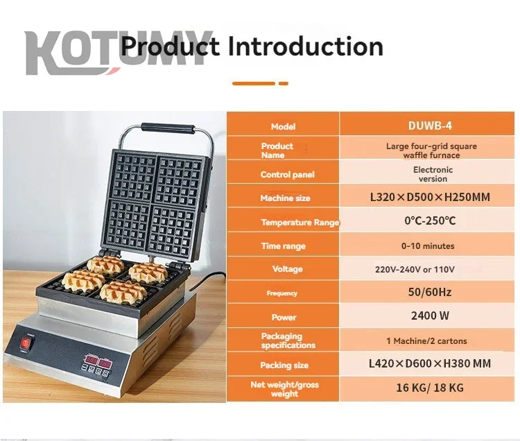 Industrial Stainless Steel Non-Stick Belgian Waffle Maker Four Grid Electric Baking Tray Heating Both Grain Processing Machinery