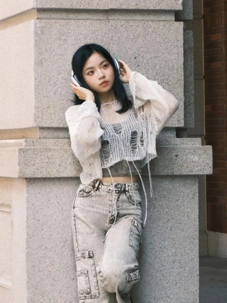 Sexy White Slash Neck Grunge Knitted Women's Sweater Hole Ripped Pullover Crop Top Harajuku Hollow Out Fashion Summer Jumpers
