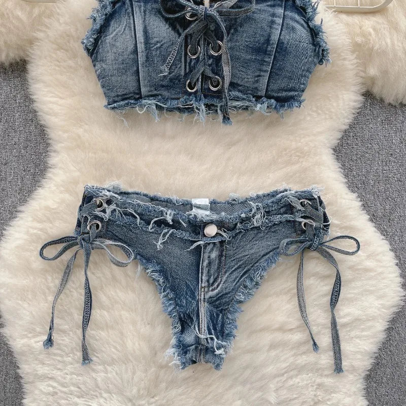 Retro Women Bikini Denim Suits Summer Halter Camis+ Mini Pant Lingerie Fashion Vacation Swimsuits Sexy Bra&Briefs Sets