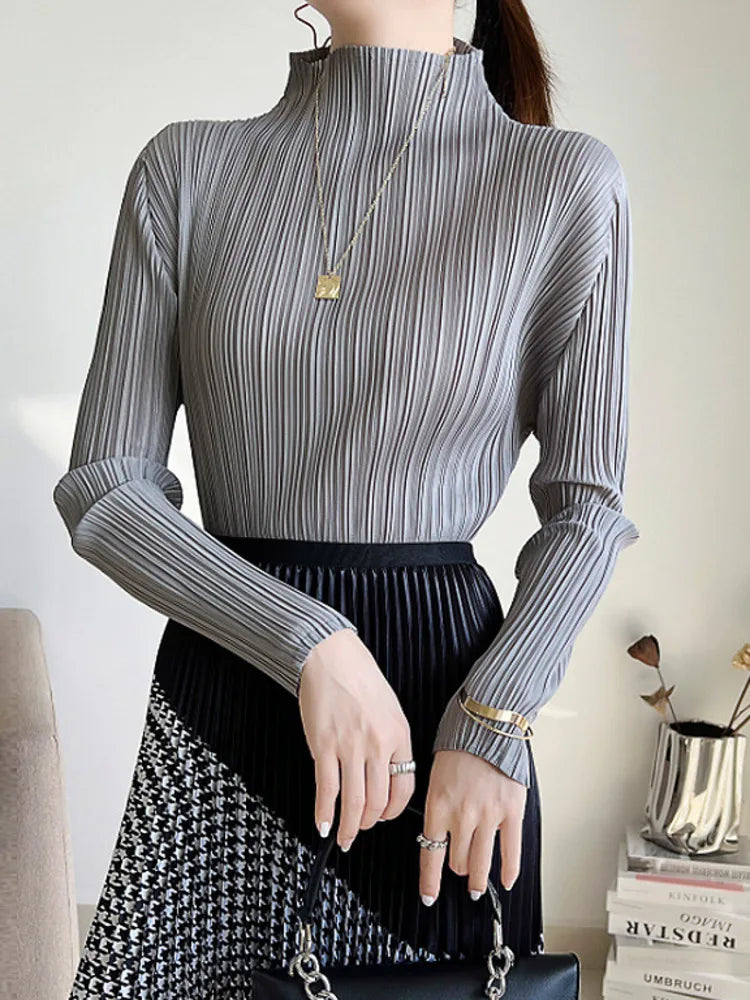 Miyake Pleated Long Sleeves Tops Fall 2025 Winter Korean Fashion Women Classic Solid Color Turtleneck Casual Elegant T-shirt