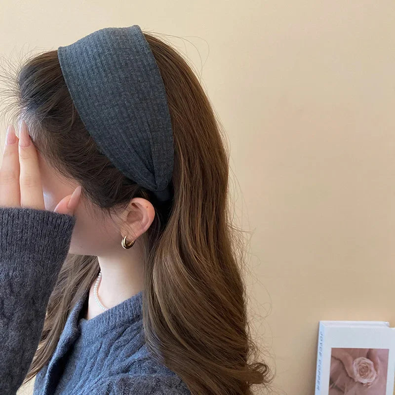 Solid Color Wide Edge Striped Yarn Headband High Head French Gentle Hair Accessory Popular Internet Celebrity Style
