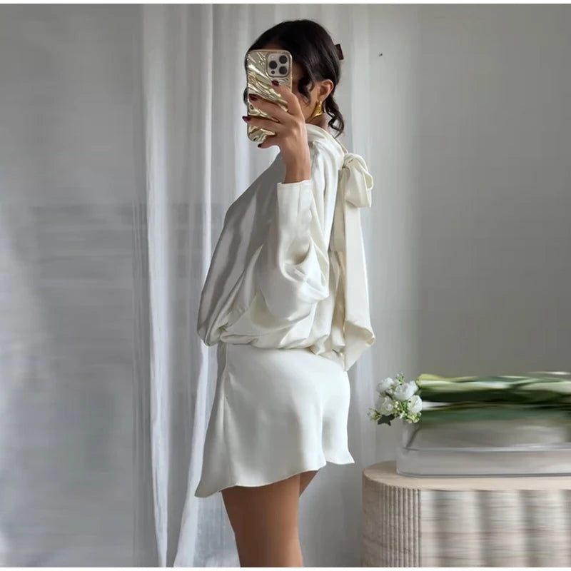 Elegant Satin Mini Dress For Women Fashion Scarf Collar Batwing Sleeve Waist Dress Lady 2025 Autumn Chic Party Evening Vestidos