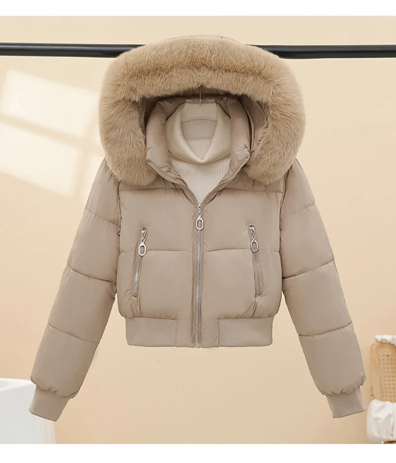 American Waistedn Big Fur Collar Hooded Short Cotton Coat for Women Winter New Fashionable Hat Detachable Casual Slimming Jacket