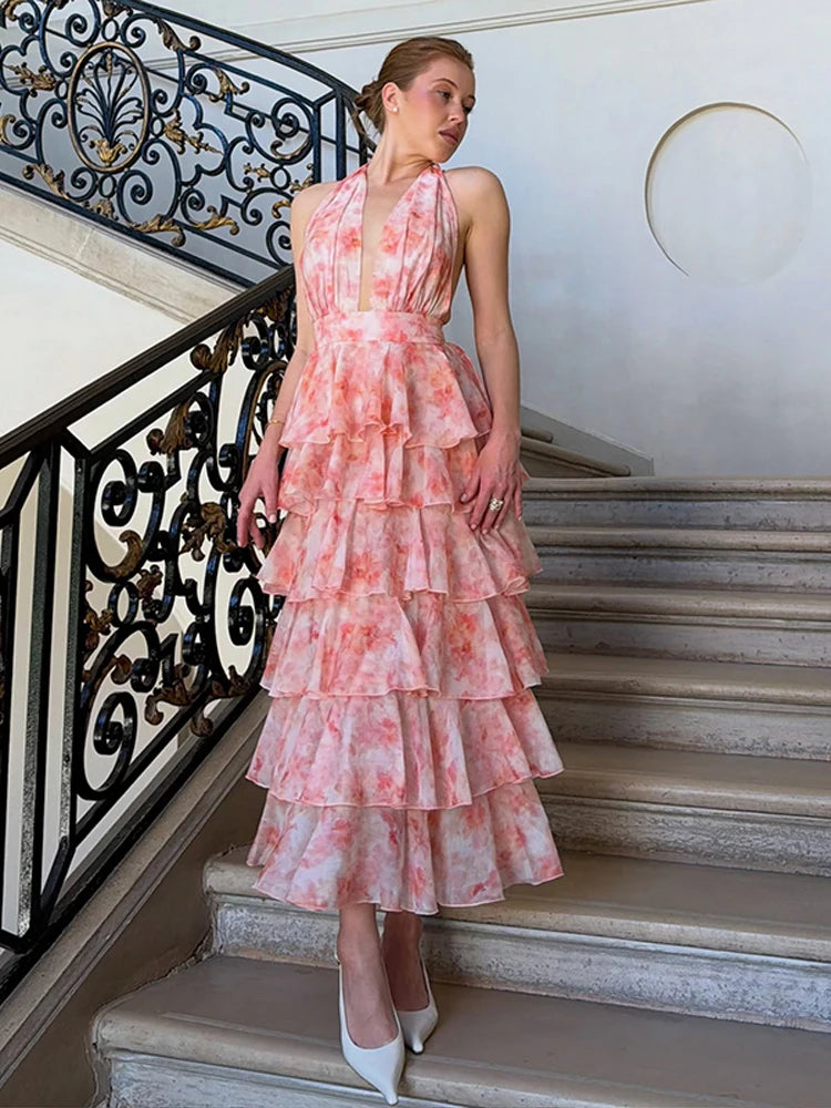 Floral Print Halter Neck Tiered Ruffle Dress Waist Cinched V Neck 2026 Summer Causal Women Vacation Irregular Layered Vestido