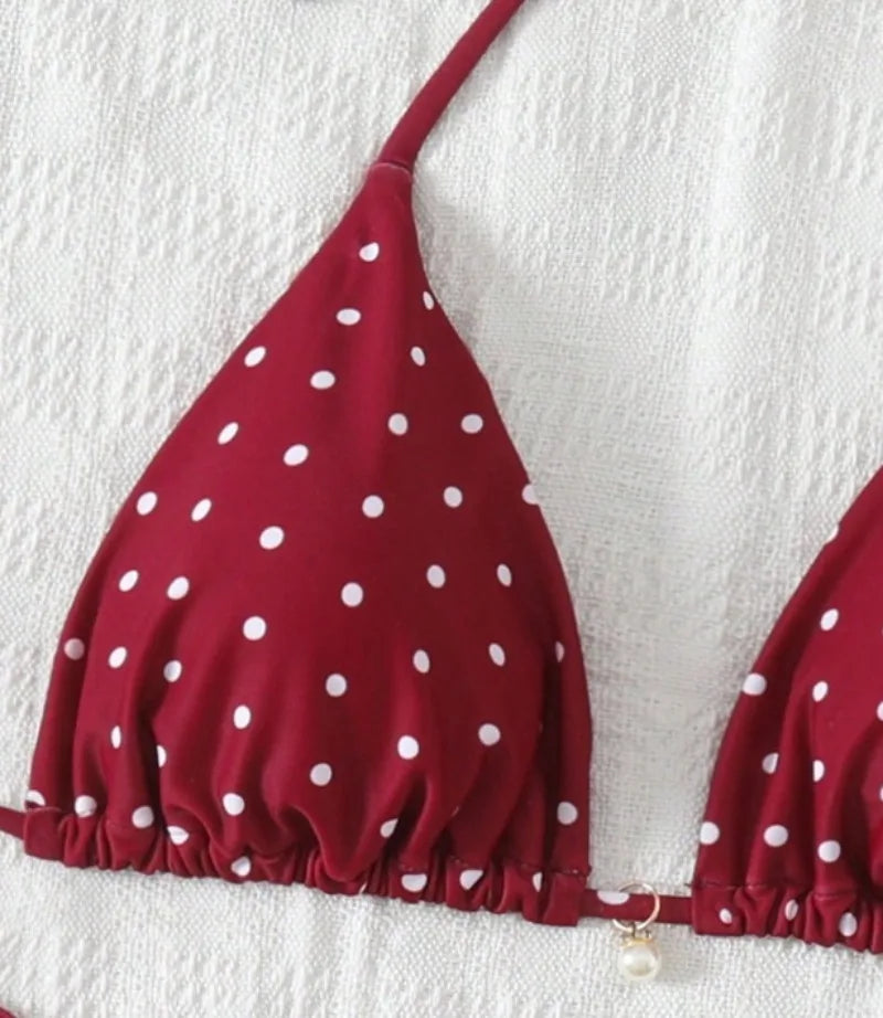 Women Retro Red Polka Dot Halter Bikini Set Adjustable Tie Triangle Two Piece Swimsuit Removable Pad Brazilian  Swimwear S-XL