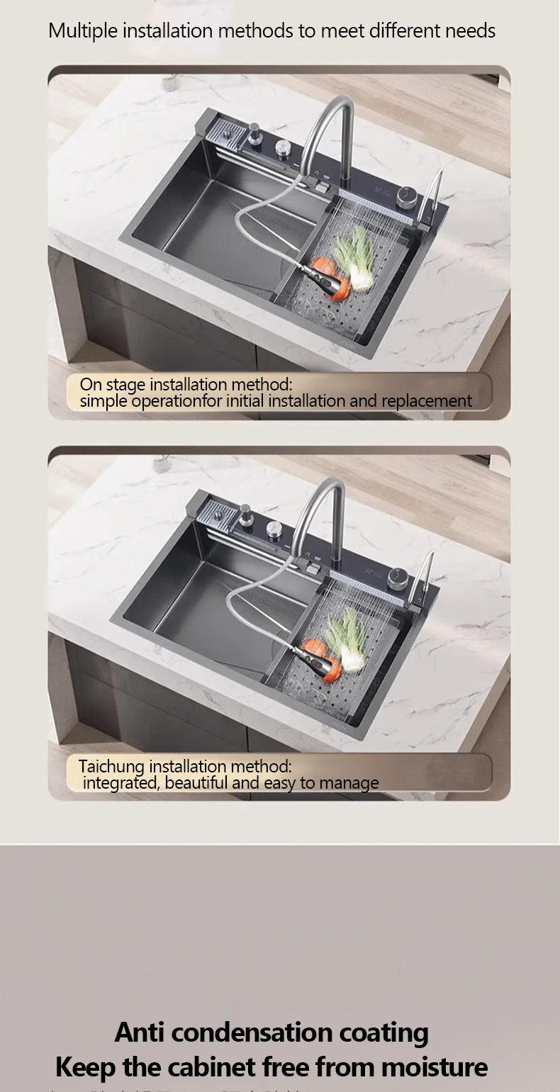 304 Sink Key Digital Display Waterfall Rain Sink Stainless Steel Large Single Trough Hand Basin Washing Dishes Under The Basin