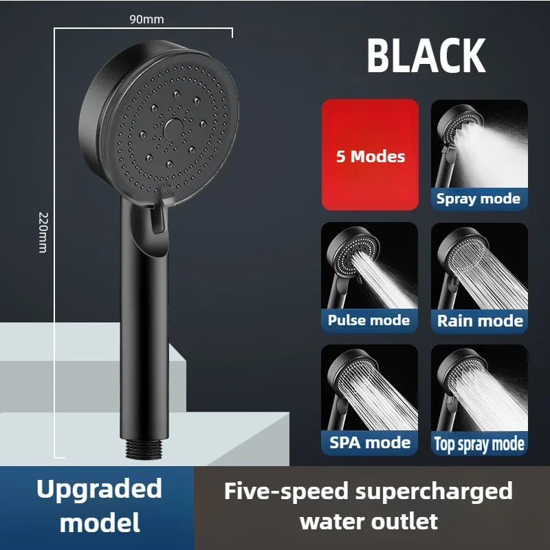 Black 5 Modes Shower Head Adjustable High Pressure Water Saving Shower Head Water Massage Shower Head Bathroom Accessories