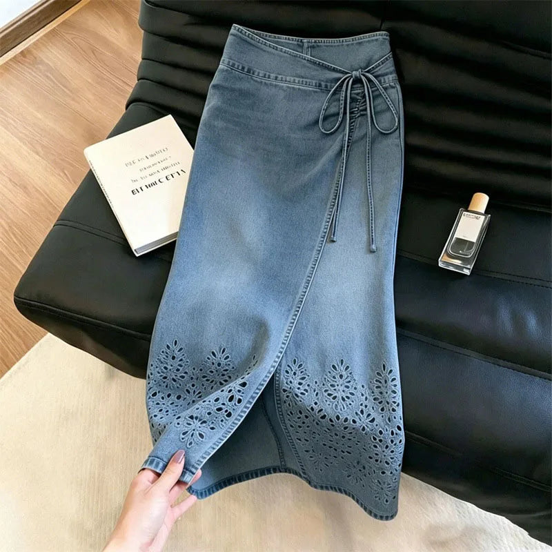 Side Slit Denim Long Skirts Womens Summer Vintage Floral Embroidery Jeans Pencil Skirt Bandage High Waist Women Long Skirt