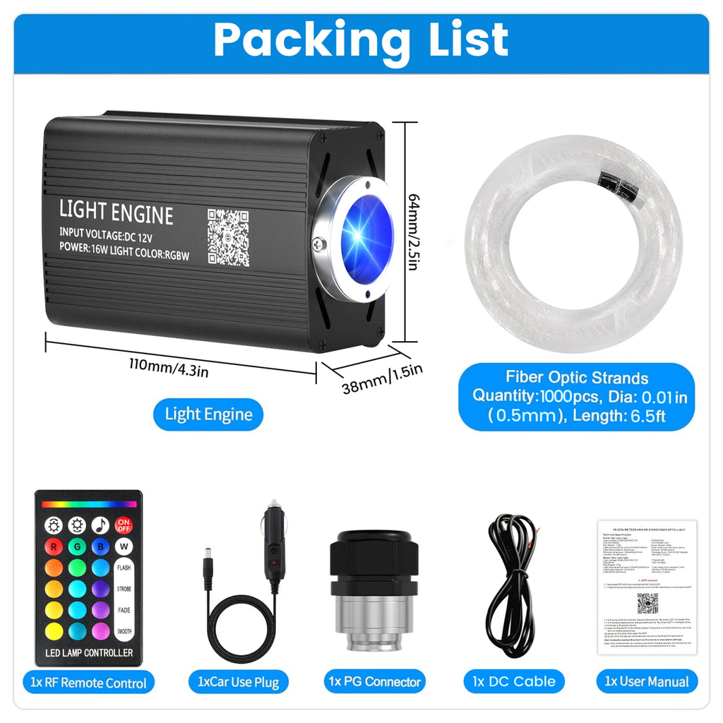 VASTFIRE Mini 16W 500/1000pcs Fiber Optic Starlight Headliner Kit for Car Home 6.5ft End Glow Fiber Strands Sound-Activated APP& Remote Control Starlight Engine
