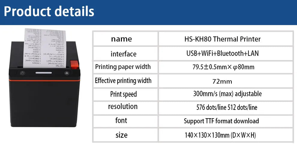 New Arrival 80mm Pos Thermal Receipt Printer with Usb Lan Port Support 58mm and 80mm Paper Roll for Supermarket HS- KH80