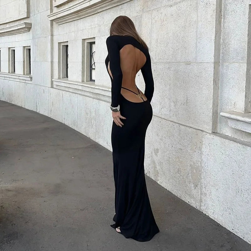 Ladies Autumn Elegant Evening Party Dress Women Long Sleeve Backless Bodycon Maxi Dresses Night Clubwear Streetwear Fall Outfits
