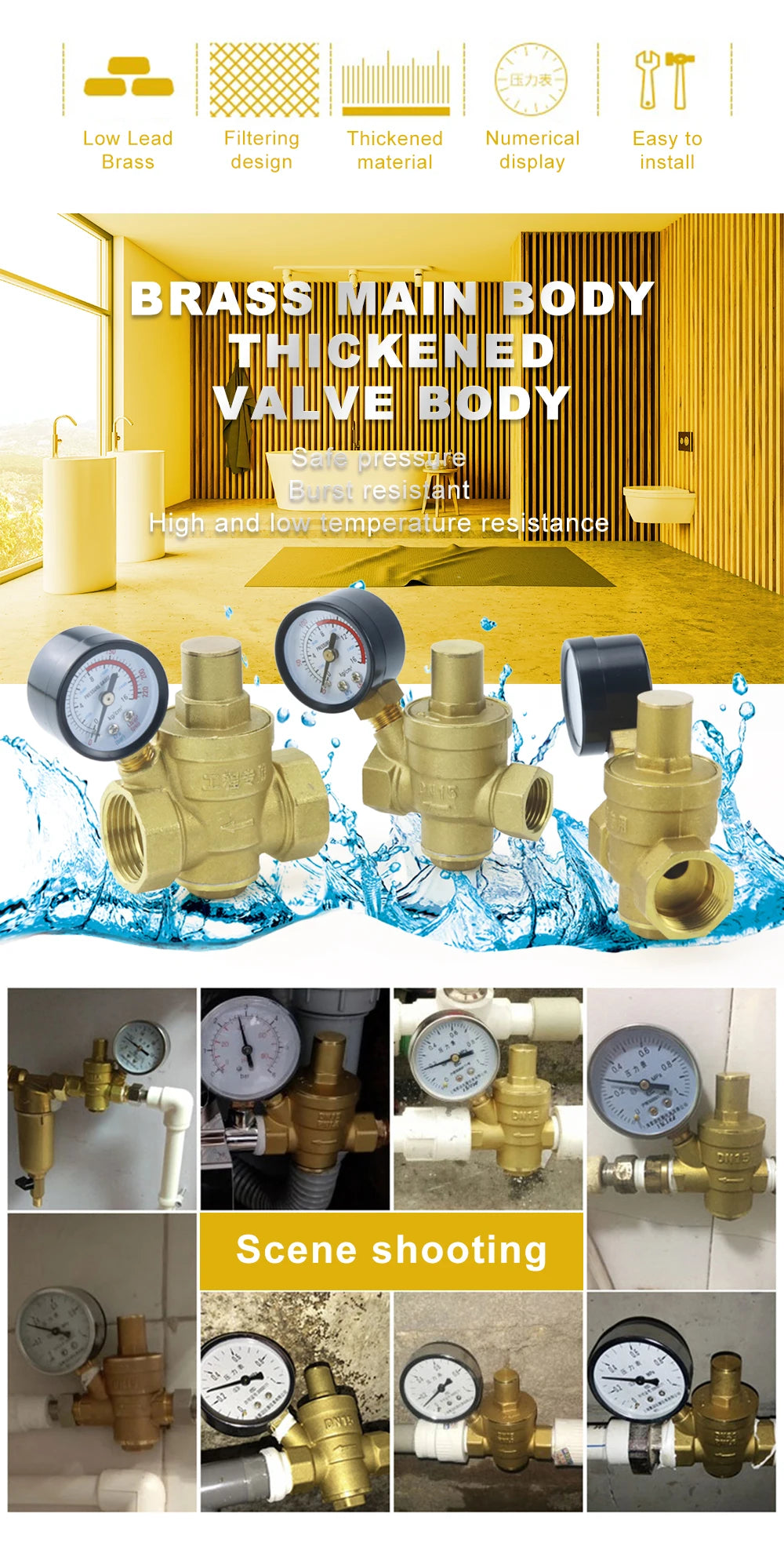 DN15 DN20 DN25 Brass Water Pressure Reducing Maintaining Valve 1/2" 3/4" 1" Adjustable Relief Valve With Gauge Meter