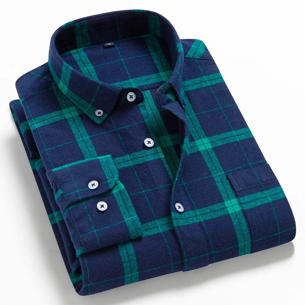 Men's Button Down Collar Contrast Plaid Pure Cotton Flannel Shirt with Left Chest Pocket Slim Fit Comfort Casual Brushed Shirts