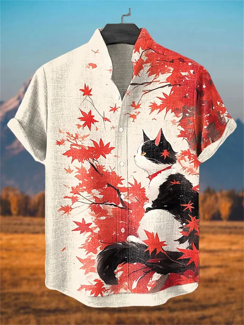 Men's Warrior Cat Art Linen Shirt 3D Plum Blossom Print Casual Hawaiian Shirt Summer Short Sleeved Shirt Top