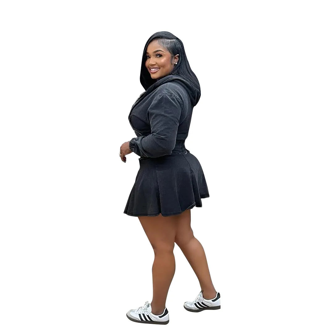 New TS1325 Women's Casual Washed Denim Short Skirt Set Fashionable Autumn Season Leisure Style Unisex Work Uniform Student Sc...