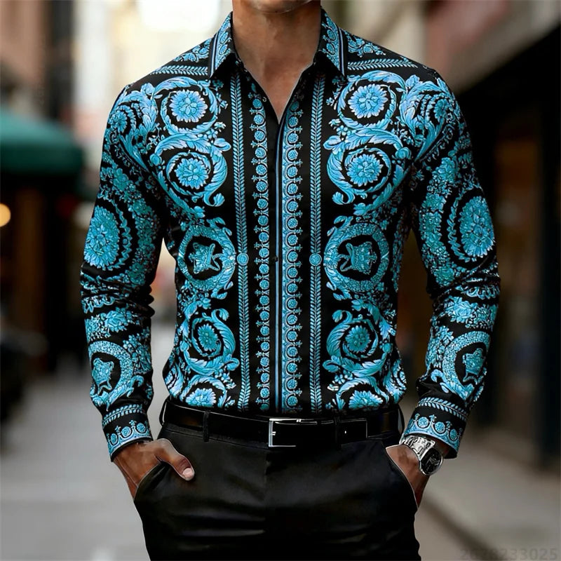 Men's Shirt Luxury Baroque Style Gold Pattern Long Sleeve Shirt Fashion Slim Palace HD Print Shirt AliExpress Hot Sale XS-6XL