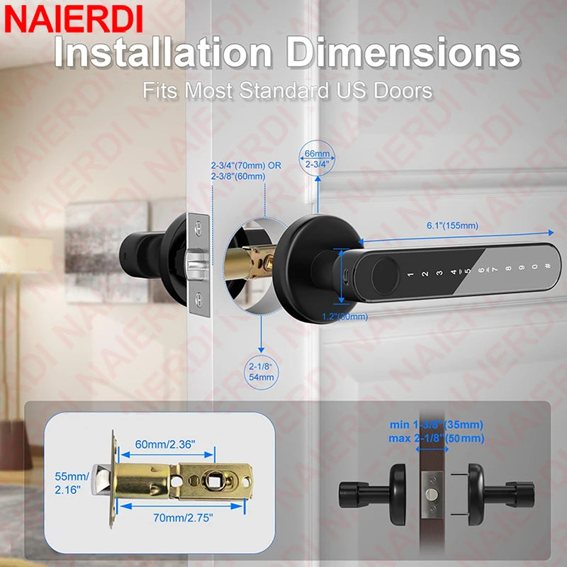 NAIERDI Smart Fingerprint Door Lock Tuya APP Bluetooth Keypad Card Entry Door Lock with Handle for Home Apartment Bedroom