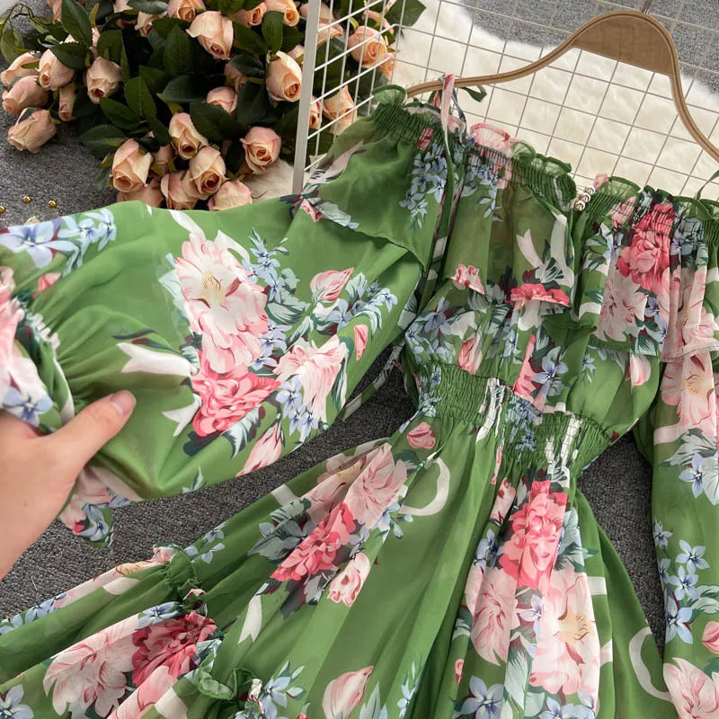 2025 New Retro Summer Beach Vacation Dress Women Sexy Strapless Lantern Sleeve Sweet Floral Jumpsuit Short Chiffon Print Dresses