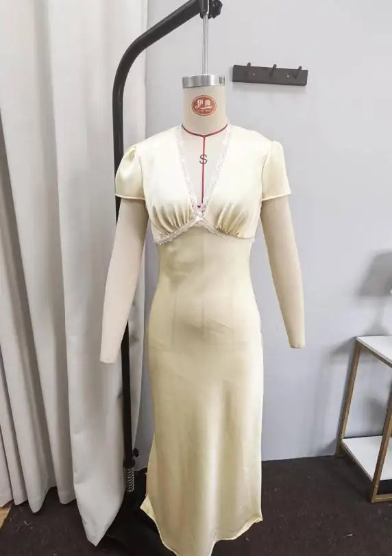 Women Elegant Satin Lace Trim Midi Dress Solid Lace Patchwork Short Sleeve V-neck Summer Dresses 2026 Summer New Holiday Robes