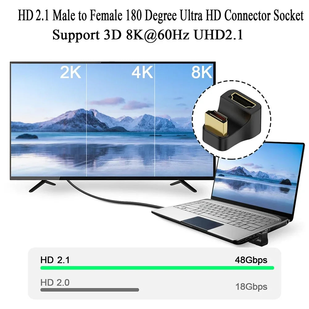 8K UHD U Shape HDMI-compatible2.1 Adapters 180 Degree Up/Down Angle Male to Female Extender Connector for Laptop PC HDTV