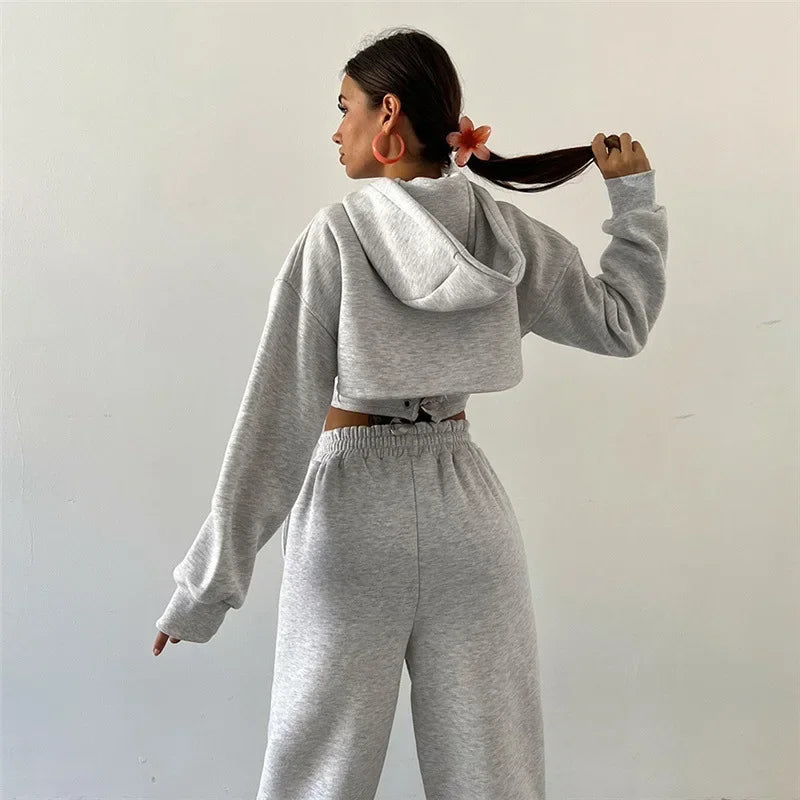 Women Solid 3 Piece Tracksuit Set Cropped Hoodie Corset Waist Vest Wide Leg Pants Casual Autumn Lady Streetwear Matching Outfits