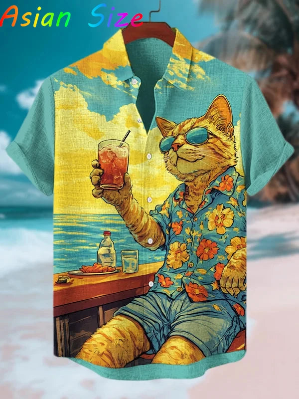 Funny Animal Cat Hawaiian Shirts Men Women Sunglass Raccoon Shirt New Button Down Tropical Beach Party 2026 Blouses Aloha Shirt