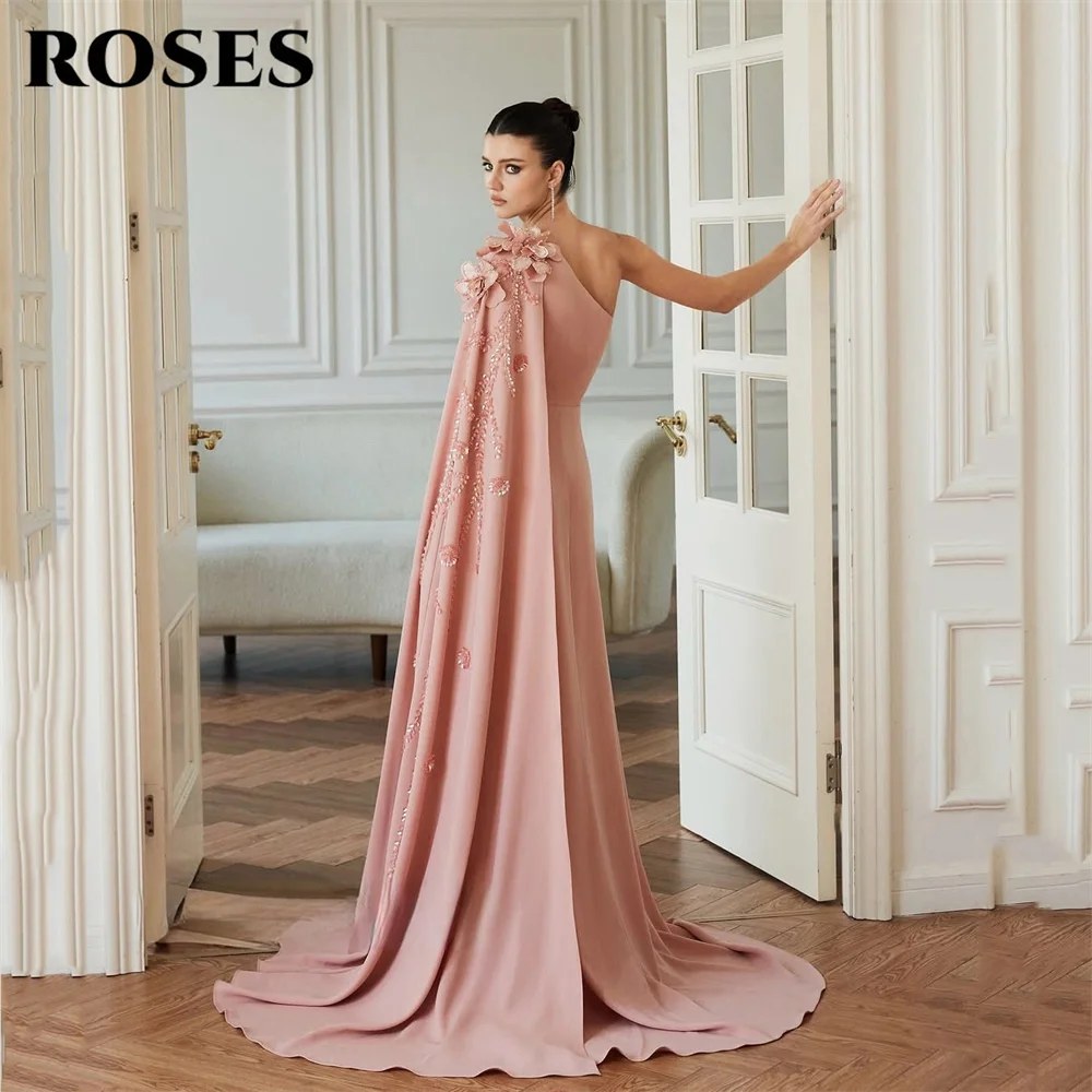 ROSES Pink Evening Gown One Shoulder Prom Dresses 3D Floral Cape Sleeve Wedding Evening Dress Beaded robes de soirée Customized