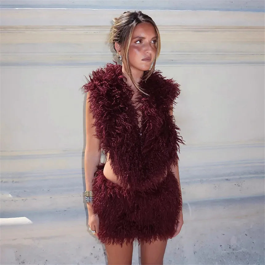 2026 Fall Winter Fashion Faux Fur 2 Piece Set Women Lace Up Backless Hooded Tank Tops + Bodycon Mini Skirts Casual Street Suits