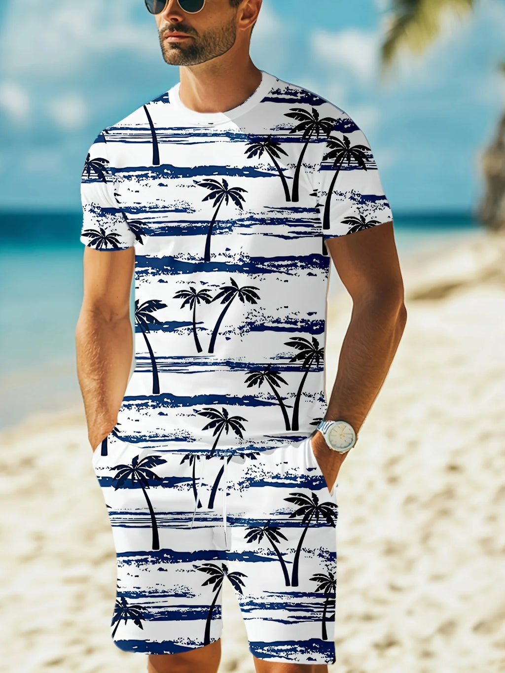 Men's Summer Fashion Casual Loose-Fit Set Plus Size Coconut Grove Print Crew Neck Short Sleeve Drawstring Shorts Two-Piece Set