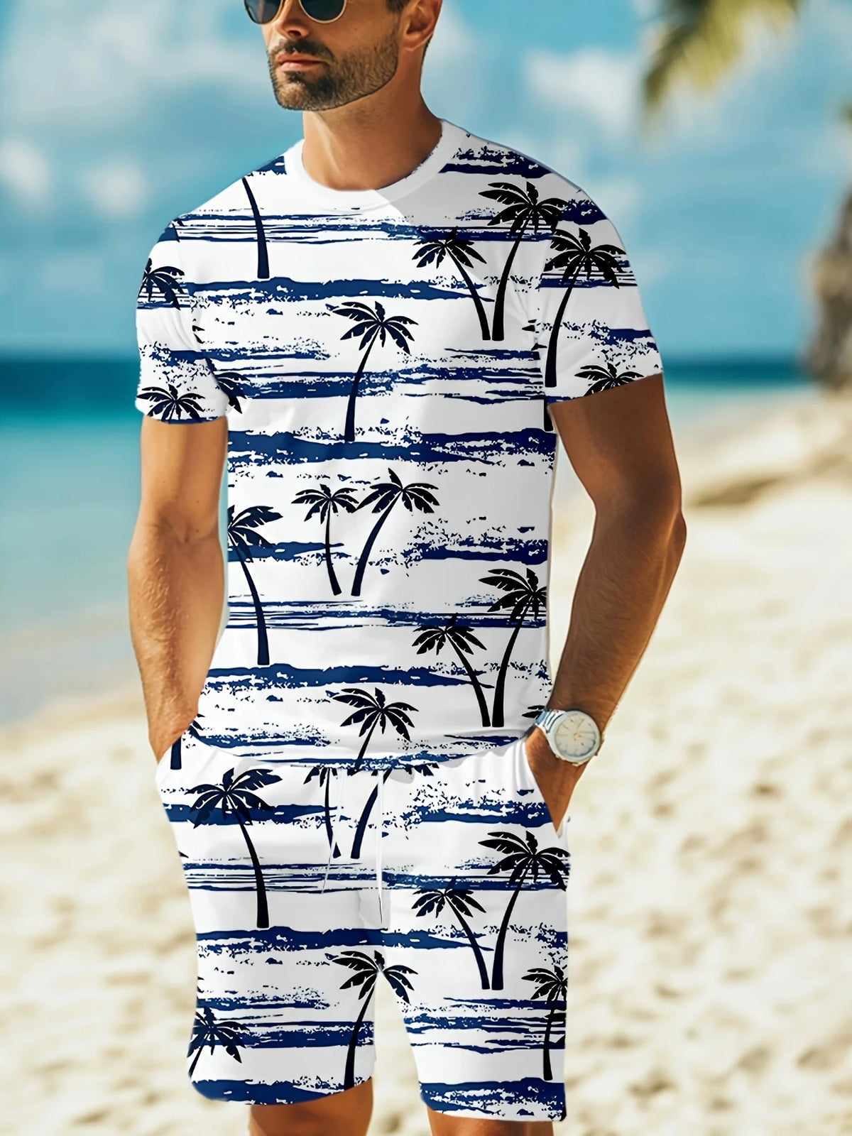 Men's Summer Fashion Casual Loose-Fit Set Plus Size Coconut Grove Print Crew Neck Short Sleeve Drawstring Shorts Two-Piece Set