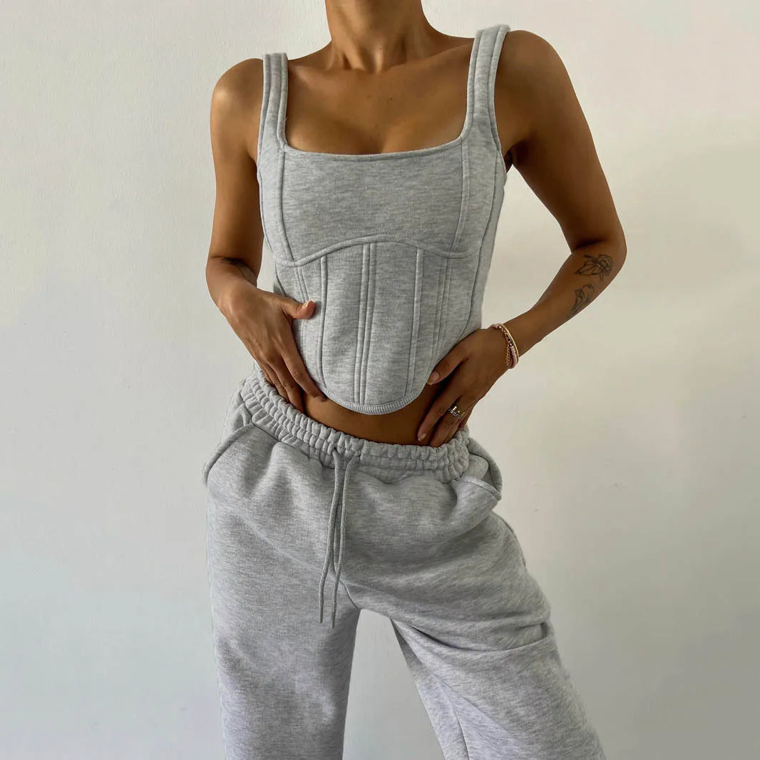 Women's Casual Sweatpants Set Belted Hooded Short Hoodie Corset Three-Piece Autumn Winter Comfortable Polyester Plus Size