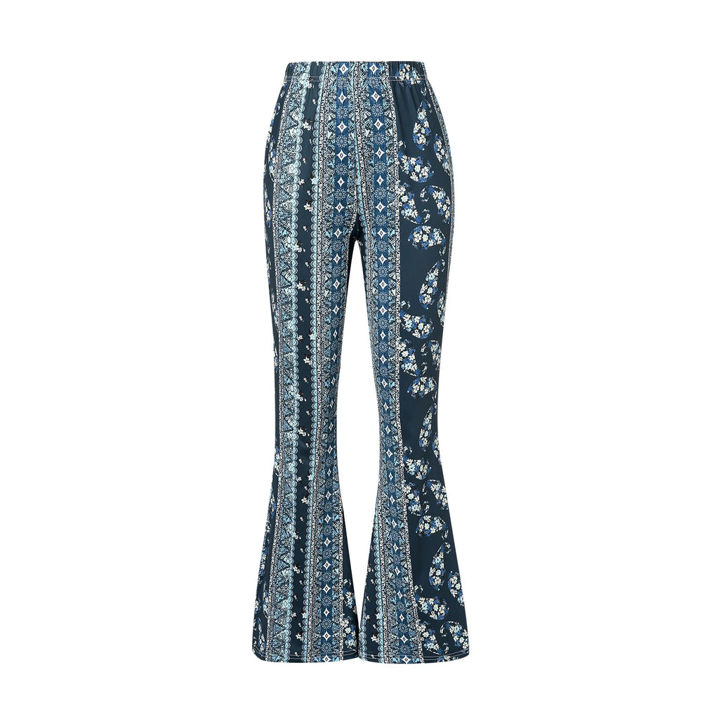 Women Spring Summer Floral Print Elastic Waist Flare Pants Casual High Waist Slimming Long Pants Trousers Leggings Streetwear