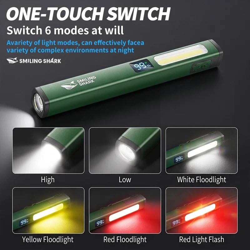 SMILING SHARK Magnetic Work Light 6‑Mode LED Flashlight with COB Sidelight Clip‑on Design for Outdoor Lighting GZ5112