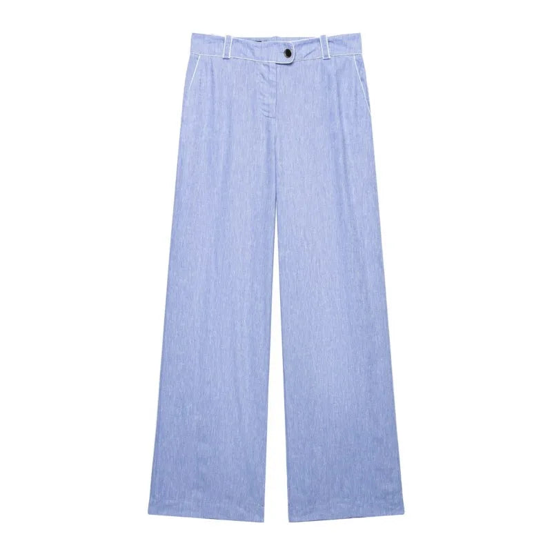 Women's High-Waist Pants Set Two Piece New 2026 Summer V-Neck Blouse with Piping and Straight Leg Pants Chic Female Outfit
