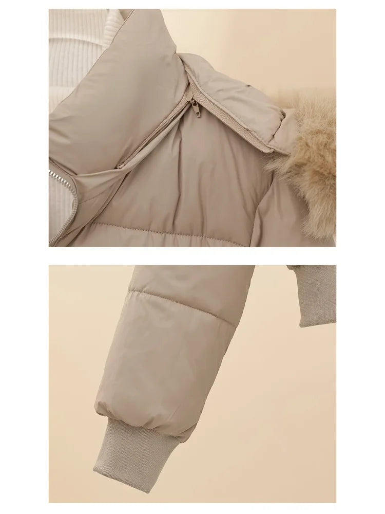 Korean Style Cropped Slim Fit Puffer Parka Women Detachable Faux Fur Trim Hood Thick Warm Zip Pockets Winter Casual Outfit 2026