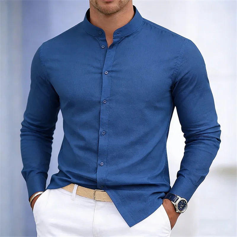 Men's stand-up collar white or black long-sleeved shirt, solid color shirt, slim fit business casual men's top, sizes XS-6XL.