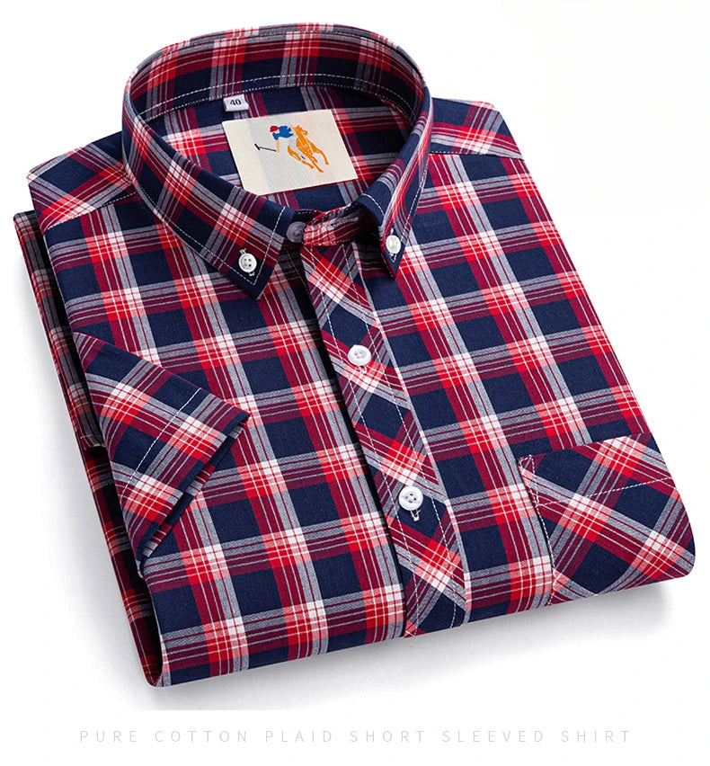 Fashion Korean Plus Size 8XL 100%Cotton Short Sleeve Shirts for Men Slim Fit Formal Plain Shirt Plaid Hawaiian Shirt Casual Top