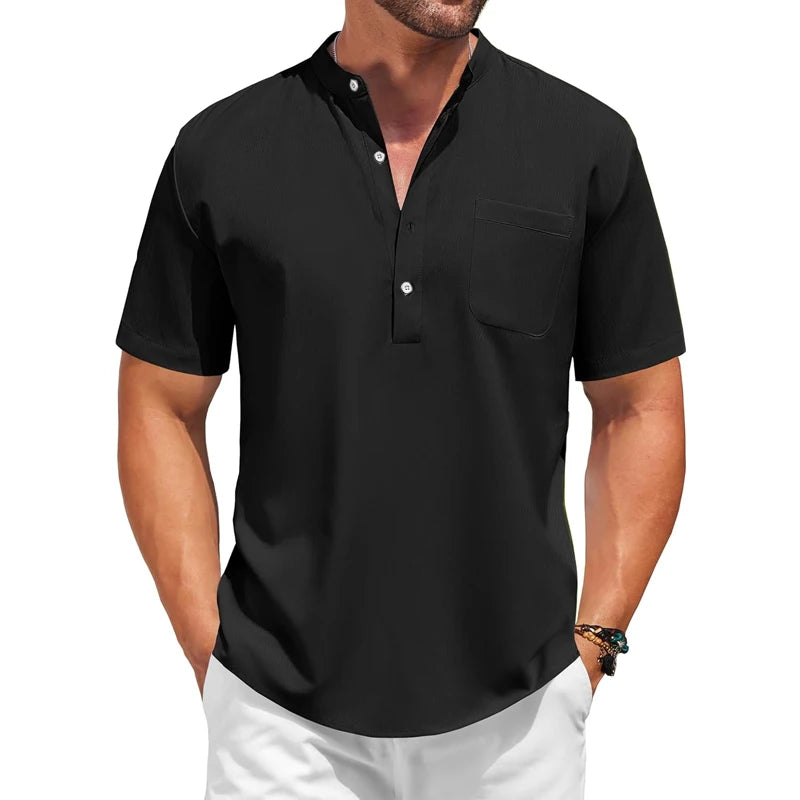 Mens Casual Henley Shirt Summer Short Sleeve Band Collar Cotton Tops Beach Hippie  Tee with Pockets Outdoor Streetwear for Men