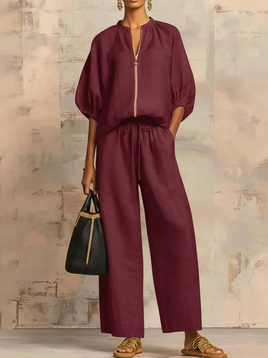 Summer Casual Women Two Piece Set Zipper Half Sleeve High Waist Round Neck Drawstring Pants Suit Women Loose Long Pants Suit
