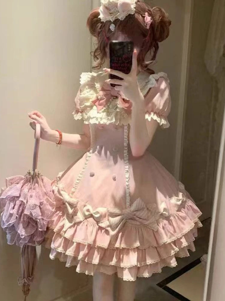 2025 Japanese Kawaii Sweet Lolita Princess Dress Women Pink Y2k Bow Lovely Slim Dresses Female Korea Style Design Chic Outfits