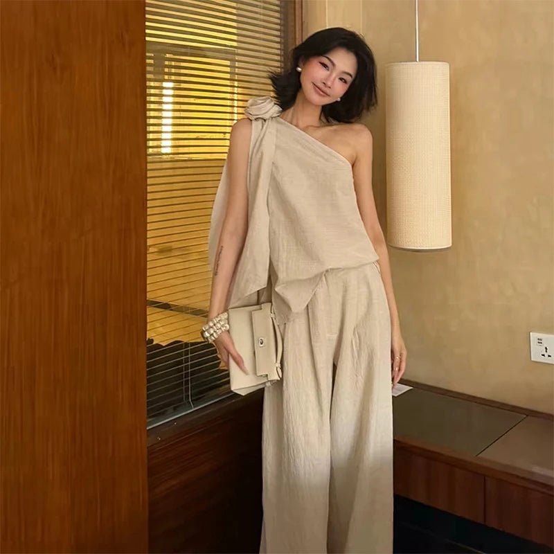 Elegant Off-Shoulder 3D Flower Top Women's Loose Casual Wide Leg Pants Two-Piece Set High Waist Long Pants Polyester Fiber