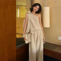 Elegant Off-Shoulder 3D Flower Top Women's Loose Casual Wide Leg Pants Two-Piece Set High Waist Long Pants Polyester Fiber