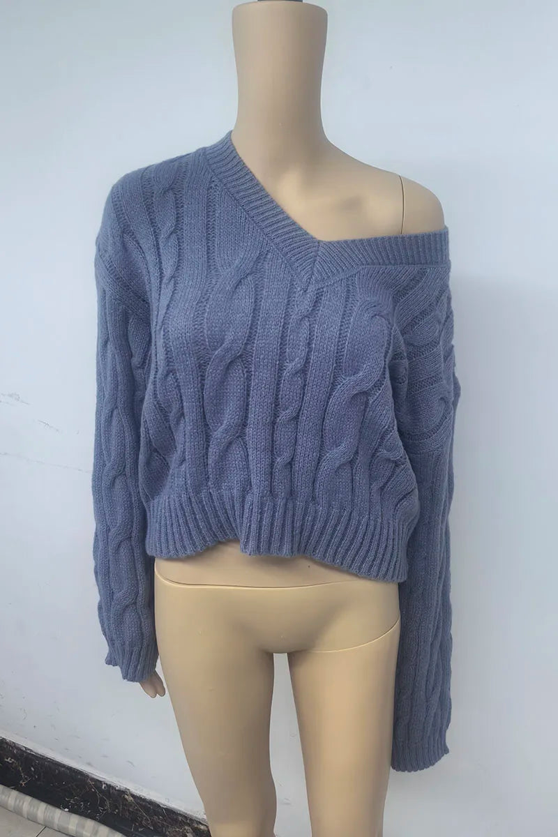 Vintage Twist Cropped Sweater Pullover Women Autumn Winter Loose V-Neck Knitted Jumper Lazy Style Classic Long Sleeve Knitwear