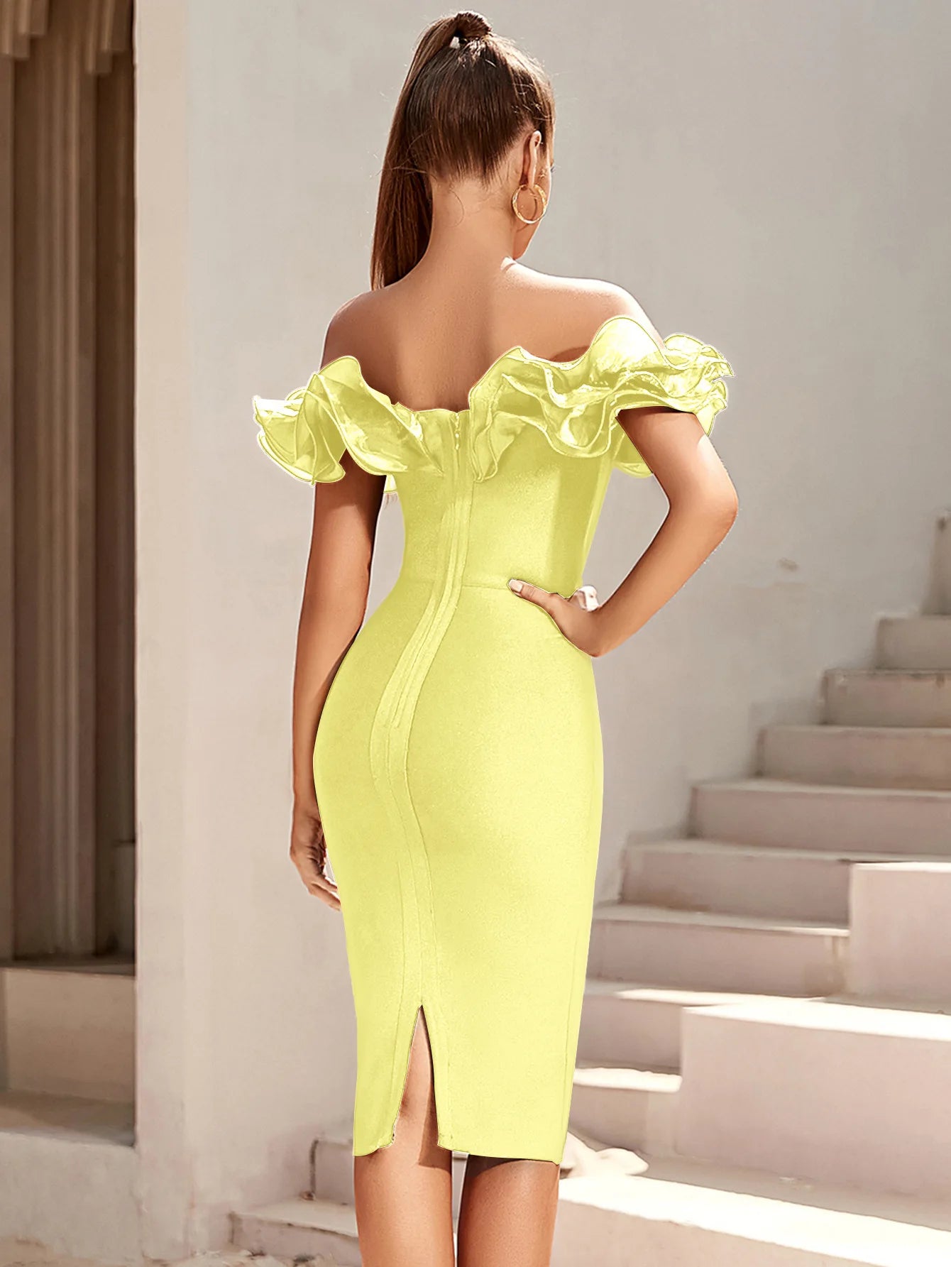 Women's Off Shoulder Bandage Midi Dress Luxury Design Ruffled  Elegant Black Sleeveless Ruffled Sexy Club Party Evening Dresses