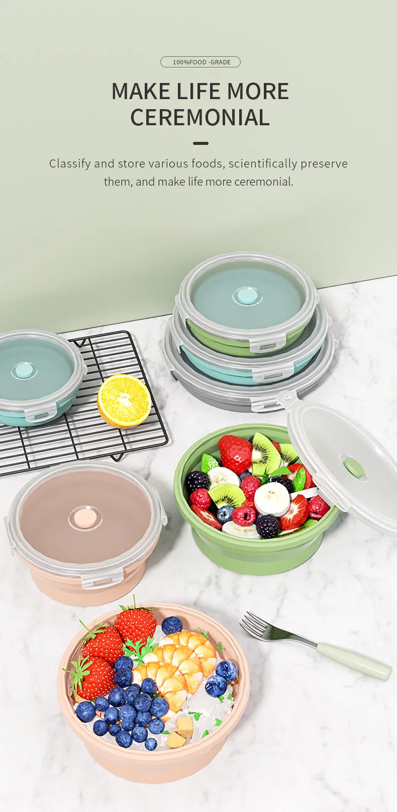 1PCS Food grade round portable foldable silicone lunch box refrigerator microwave oven lunch box storage box outdoor lunch box
