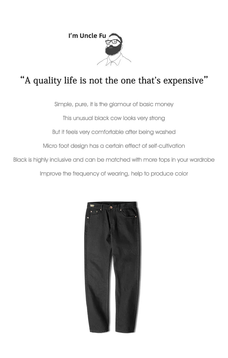 Maden 12.8oz Black Washed Denim Jeans Men's Vintage Mid Rise Straight Classic Casual Zip Fly Pants for Autumn Versatile Trousers
