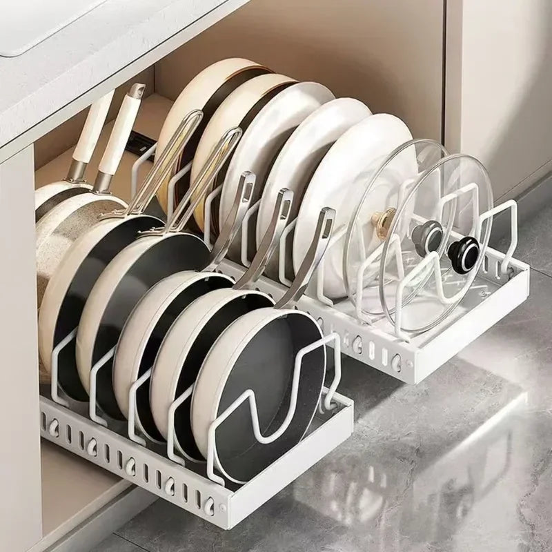 Kitchen Cabinet Pull Out Tray Organizer Adjustable Dish Rack Slide Rails Pots Pans Storage Holder
