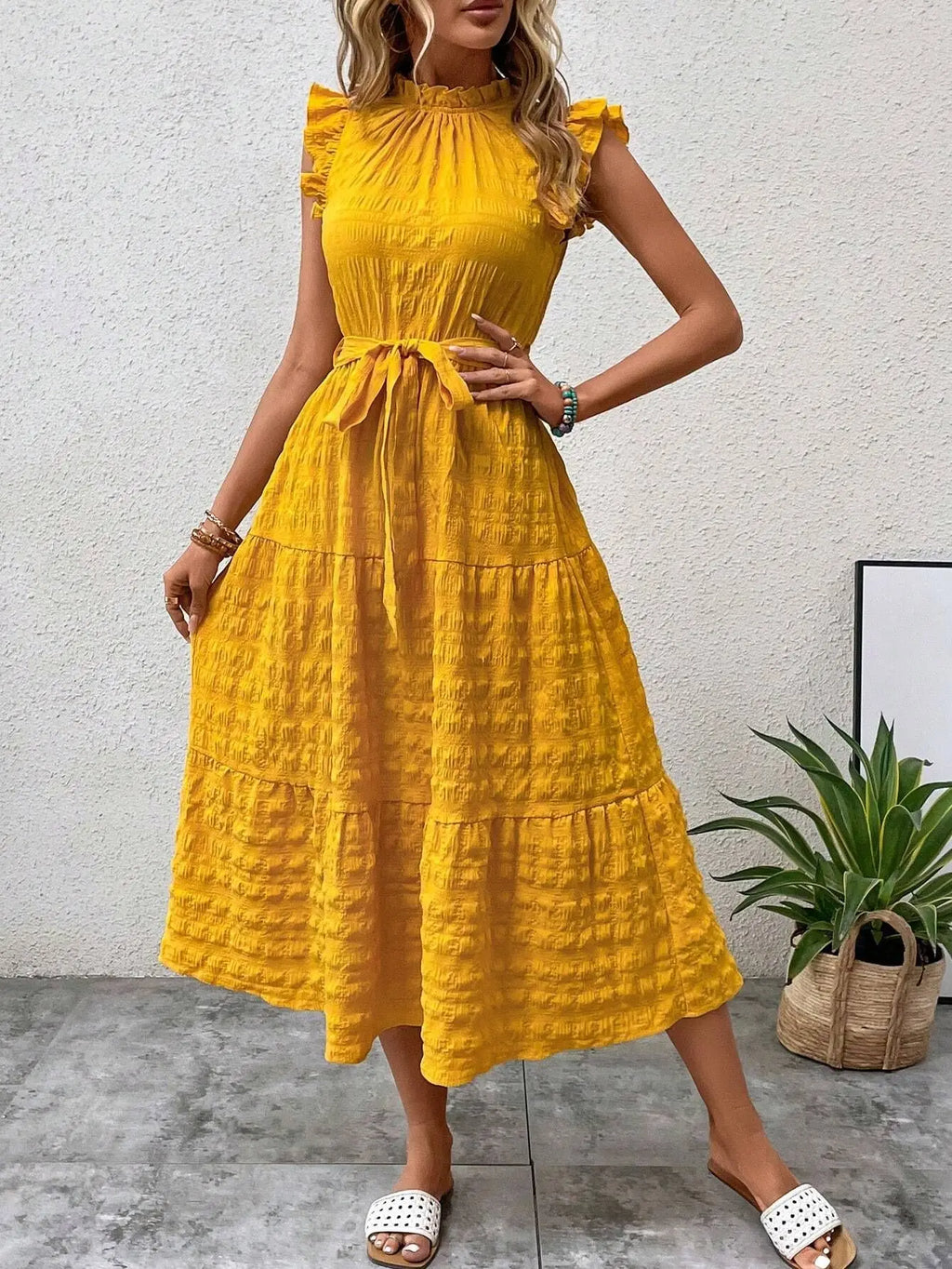 Elegant Women's Summer New Fashion Wooden Ear Edge Flying Sleeve Lace Up Texture Dress Purple  Sleeveless Lace Up Long Dresses